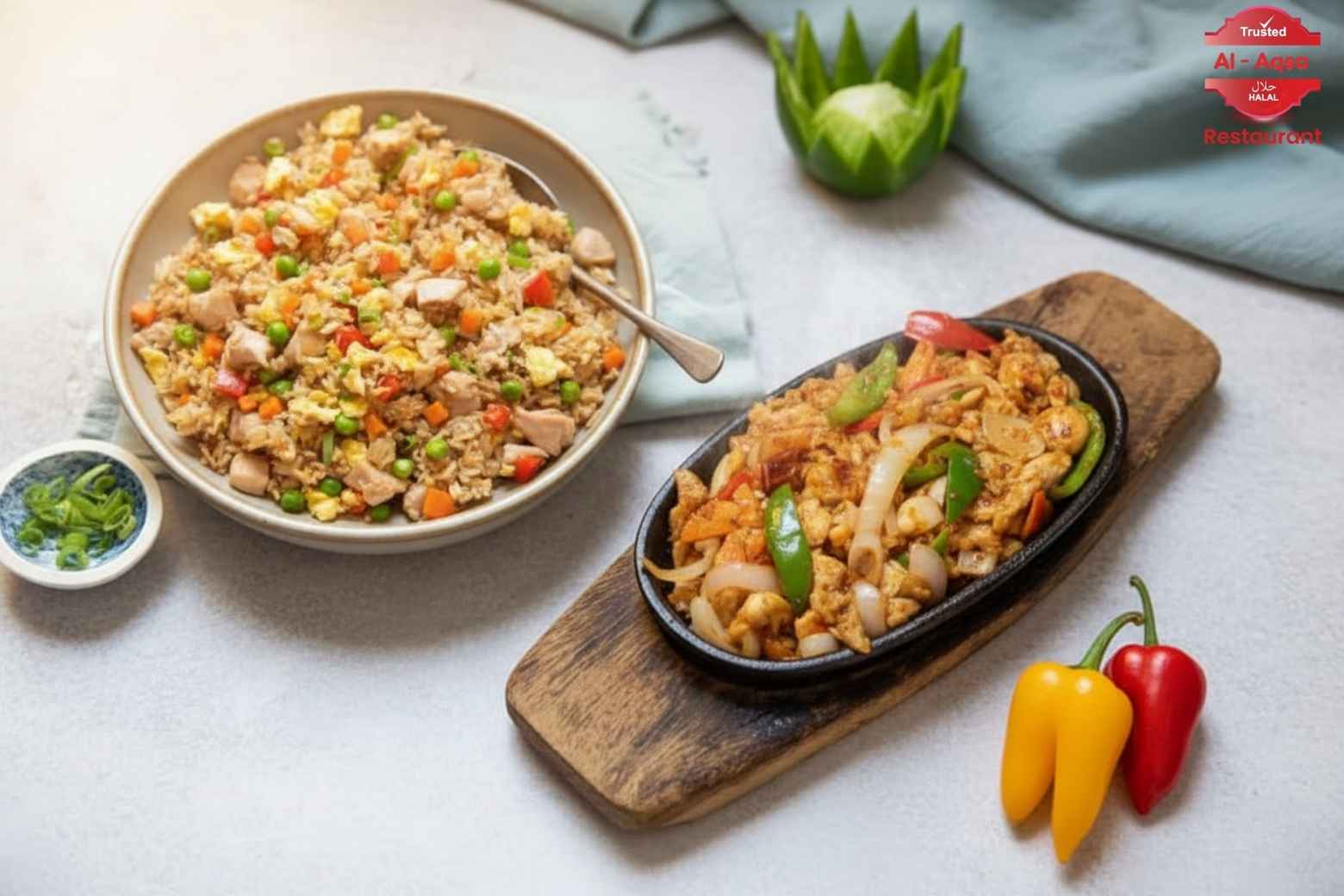 Chinese fried rice and sizzling chicken platter for corporate catering.