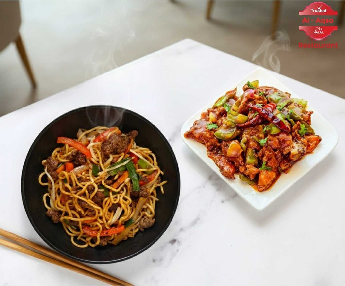 Manchurian chow mein and chicken chili onion — spicy and flavorful Chinese catering dishes.